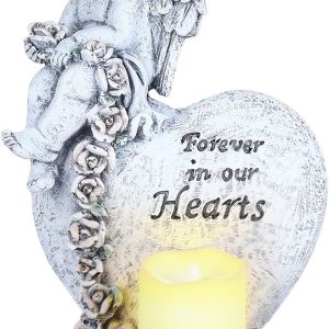 Angel Statue Sympathy Gifts, Resin Praying Angel Wing Figurines with LED Tealight Candle Holder, Heart with Memorial Words for Home Fireplace Decoration Remembrance Bereavement Condolence Gift