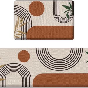 Anti-Fatigue Boho Kitchen Rug Set of 2 Cushioned Bohemian Kitchen Mats for Floor, Abstract Brown Sun Standing Mat Waterproof Non-Slip Kitchen Mats and Rugs PVC Ergonomic Foam Kitchen Decor