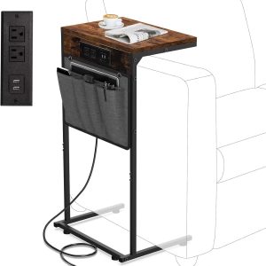 C Shaped End Table with Charging Station, Small Couch Side Table with Storage Bag, Power Outlet and USB, Sturdy Slide Under Sofa Table with Metal Frame for Living Room & Bedroom,Rustic Brown