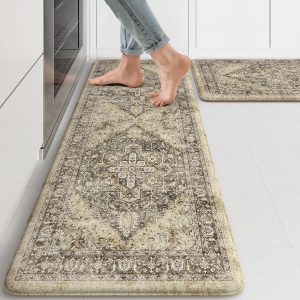 KIMODE Anti Fatigue Kitchen Mat, Boho Distressed Kitchen Rugs Sets of 2, Kitchen Floor Mats Non Slip Cushioned, Waterproof Standing Mat for Laundry, Office, Sink, Desk, Light Brown 17"x47"+17"x29"