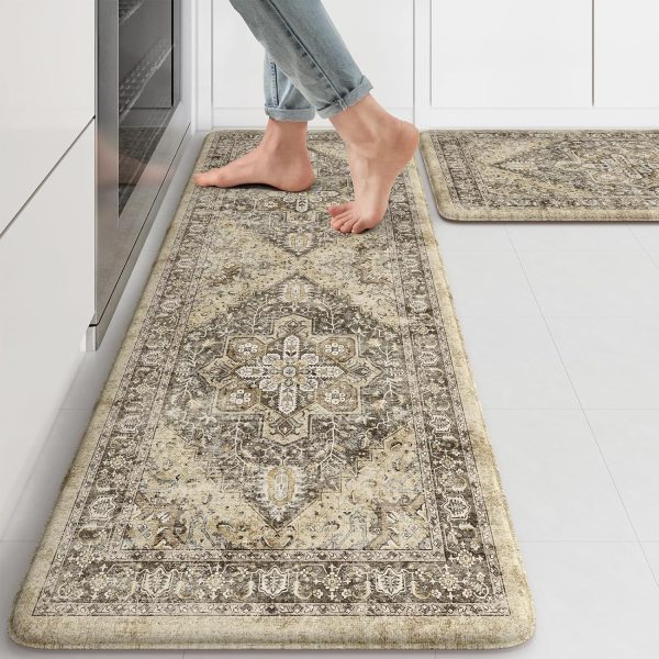 KIMODE Anti Fatigue Kitchen Mat, Boho Distressed Kitchen Rugs Sets of 2, Kitchen Floor Mats Non Slip Cushioned, Waterproof Standing Mat for Laundry, Office, Sink, Desk, Light Brown 17"x47"+17"x29"