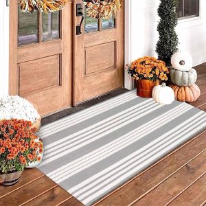 Layered Door Mat 24'' x 51'' Front Porch Rug Grey and White Striped Outdoor Rug Washable Front Door Mat Entryway Rugs Cotton Hand-Woven Indoor/Outdoor Rug for Laundry Room/Bathroom/Kitchen Room