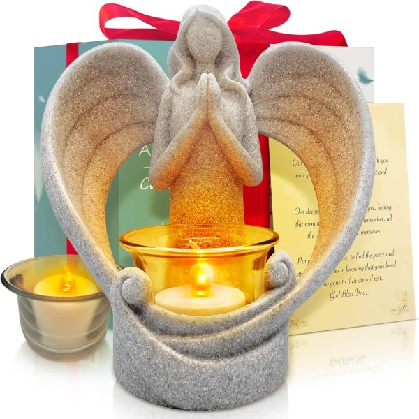 OakiWay Memorial Gifts – Angel Figurines Tealight Candle Holder, Sympathy Gifts for Loss of Loved One, W/Flickering Led Candle, Bereavement, Grief, Funeral, Remembrance, Memory Home Decorations