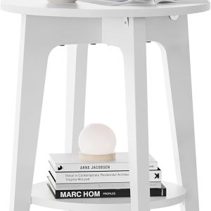 VASAGLE Side Table, Small Round End Table with Lower Shelf, Nightstand for Small Spaces, Living Room, Bedroom, White ULET283T14