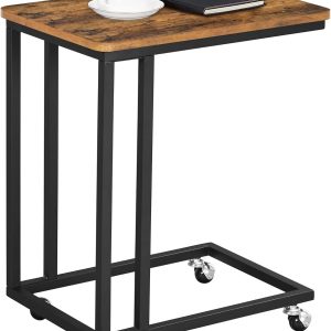 VASAGLE End Table, C Shaped TV Tray with Metal Frame Rolling Casters, Industrial Side Table for Living Room Bedroom, 19.7 x 13.8 x 23.6 Inches, Rustic Brown and Black