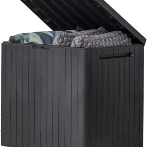 Keter City 30 Gallon Resin Outdoor Storage Box and Patio Furniture Side Table for Pool and Garden Accessories, Dark Grey