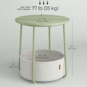 VASAGLE End Table, Small Bedside Table with Fabric Basket, Modern Nightstand, Round Side Table, for Living Room, Bedroom, Laurel Green and Cream White ULET223C69