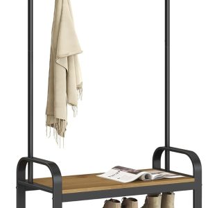 VASAGLE Coat Rack, Hall Tree with Shoe Bench for Entryway, Entryway Bench with Coat Rack, 4-in-1, with 9 Removable Hooks, a Hanging Rod, 13.3 x 28.3 x 72.1 Inches, Honey Brown and Black UHSR040B05