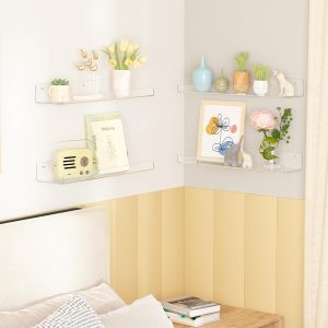 upsimples 6 Pack Acrylic Shelves for Wall Storage, 15" Floating Bookshelves for Kids, Display Shelf Organizer for Bathroom, Bedroom, Living Room, Kitchen, Room Decor, Clear
