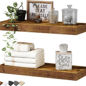 QEEIG Bathroom Floating Shelves for Wall - Shelf Over Toilet Small Wall Mounted Farmhouse Decor 16 inch Set of 2, Rustic Brown (008-40BN)