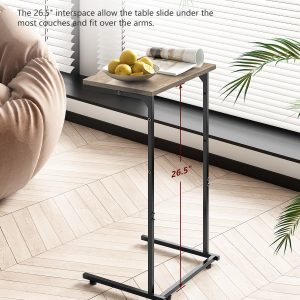 Vantic C Shaped End Table, Small Couch Side Table with Storage Bag, Sturdy Slide Under Sofa Table with Metal Frame for Living Room & Bedroom (16" L x 11.6" W x 28" H), Greige
