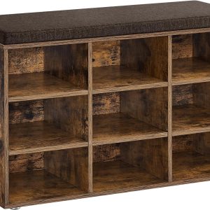 VASAGLE Shoe Bench with Cushion, Storage Bench with Padded Seat, Entryway Bench with 9 Compartments, for Bedroom, 11.9 x 30.9 x 18.9 Inches, Rustic Brown and Chestnut Brown ULHS009B01