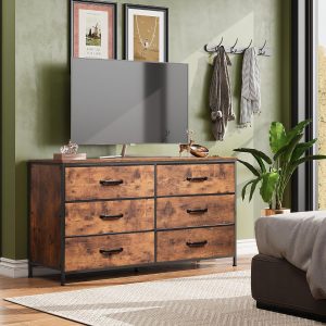 WLIVE Wide Fabric Dresser, 6 Drawer Dresser TV Stand for 60" TV, Dressers Bedroom Furniture Large Storage Tower Unit with Fabric Bins, Dresser for Bedroom, Closet, Hallway, Rustic Brown